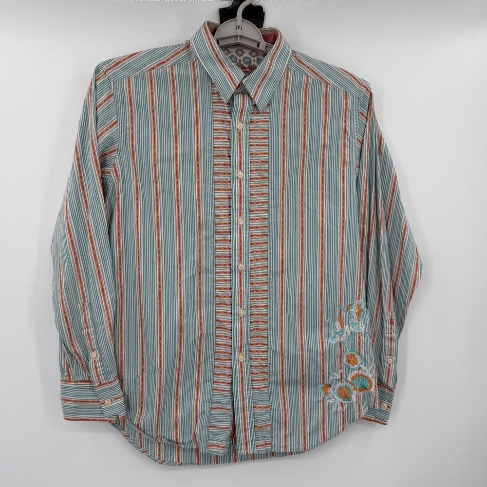 Robert Graham Mens M Striped Button Down‎ Shirt Floral Embroidery Teal Orange